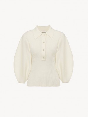 Dzianina Chloe Balloon-sleeve Polo Białe | CHE-SR13965