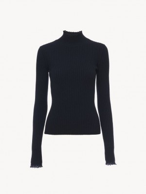 Dzianina Chloe Fitted High-neck Granatowe | CHE-SR13960