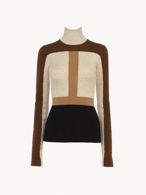 Dzianina Chloe Fitted High-neck Kolorowe Brązowe | CHE-SR13947