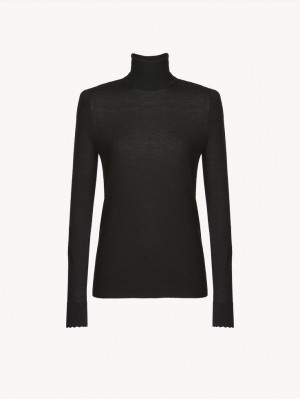 Dzianina Chloe Scalloped High-neck Czarne | CHE-SR13918
