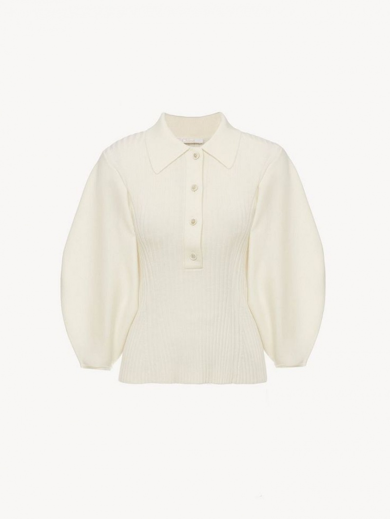 Dzianina Chloe Balloon-sleeve Polo Białe | CHE-SR13965