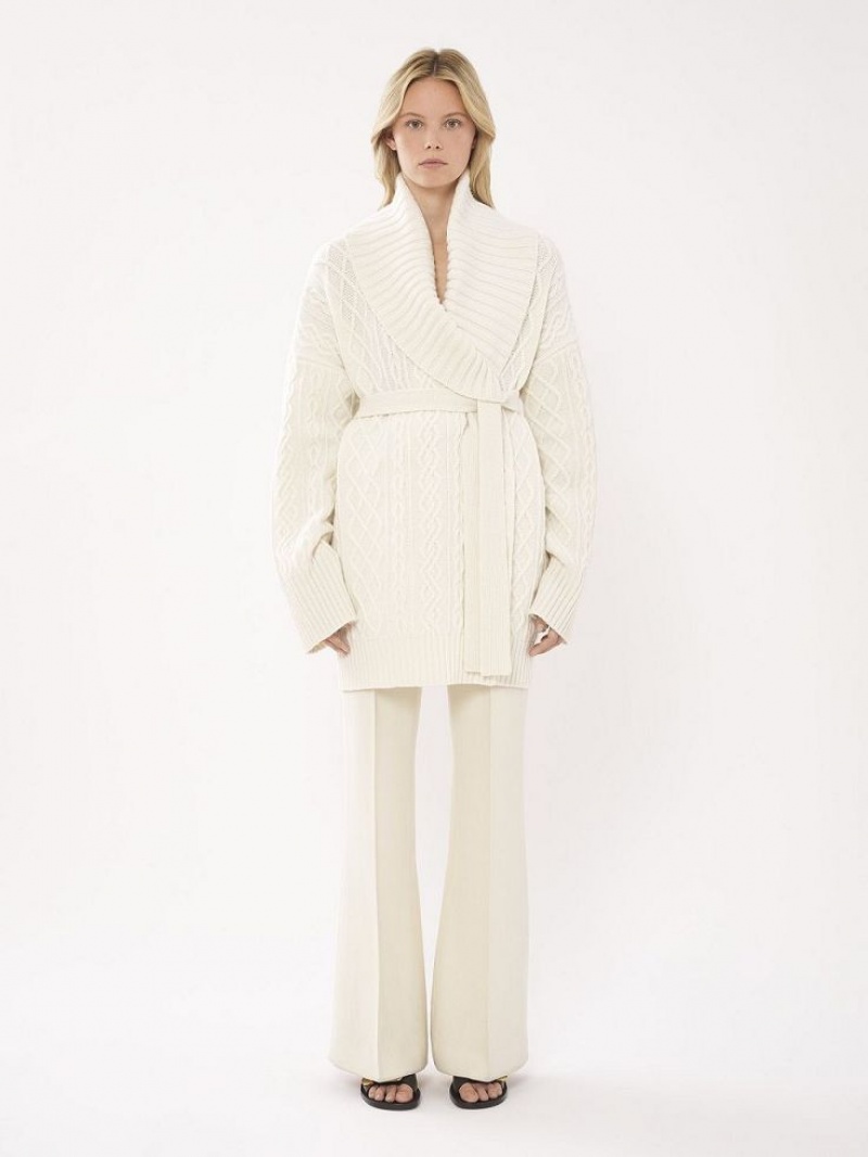 Dzianina Chloe Belted Wrap Cardigan Białe | CHE-SR13957