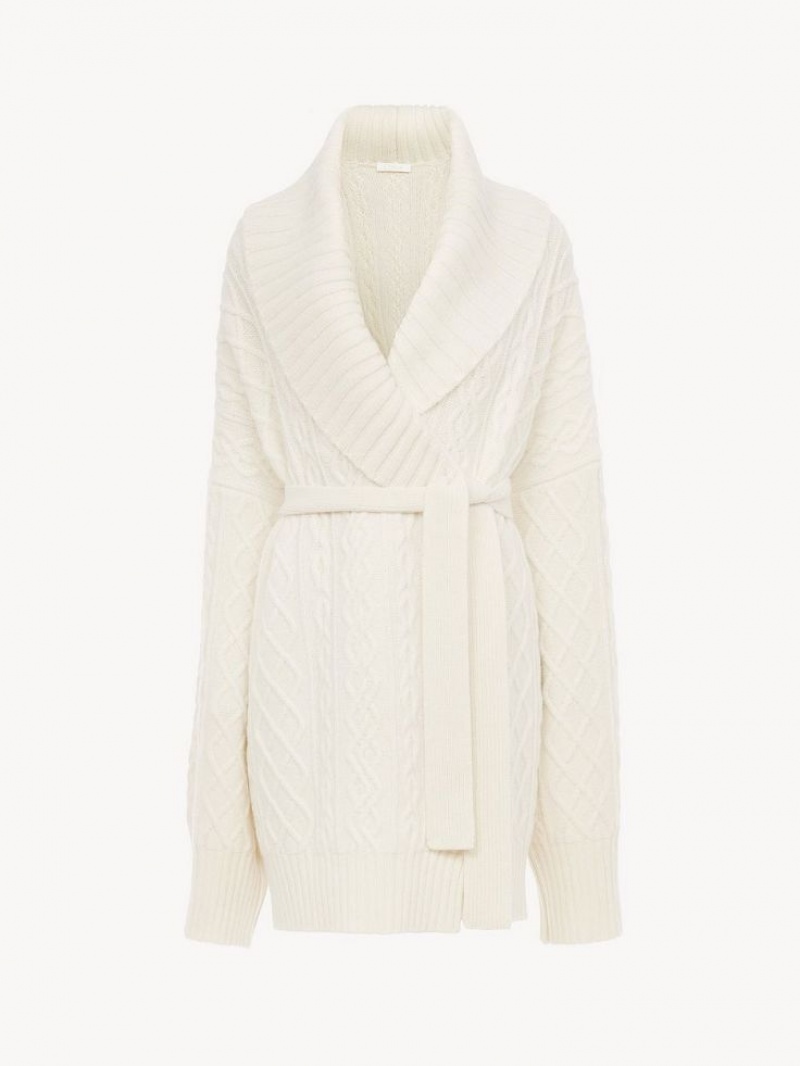 Dzianina Chloe Belted Wrap Cardigan Białe | CHE-SR13957