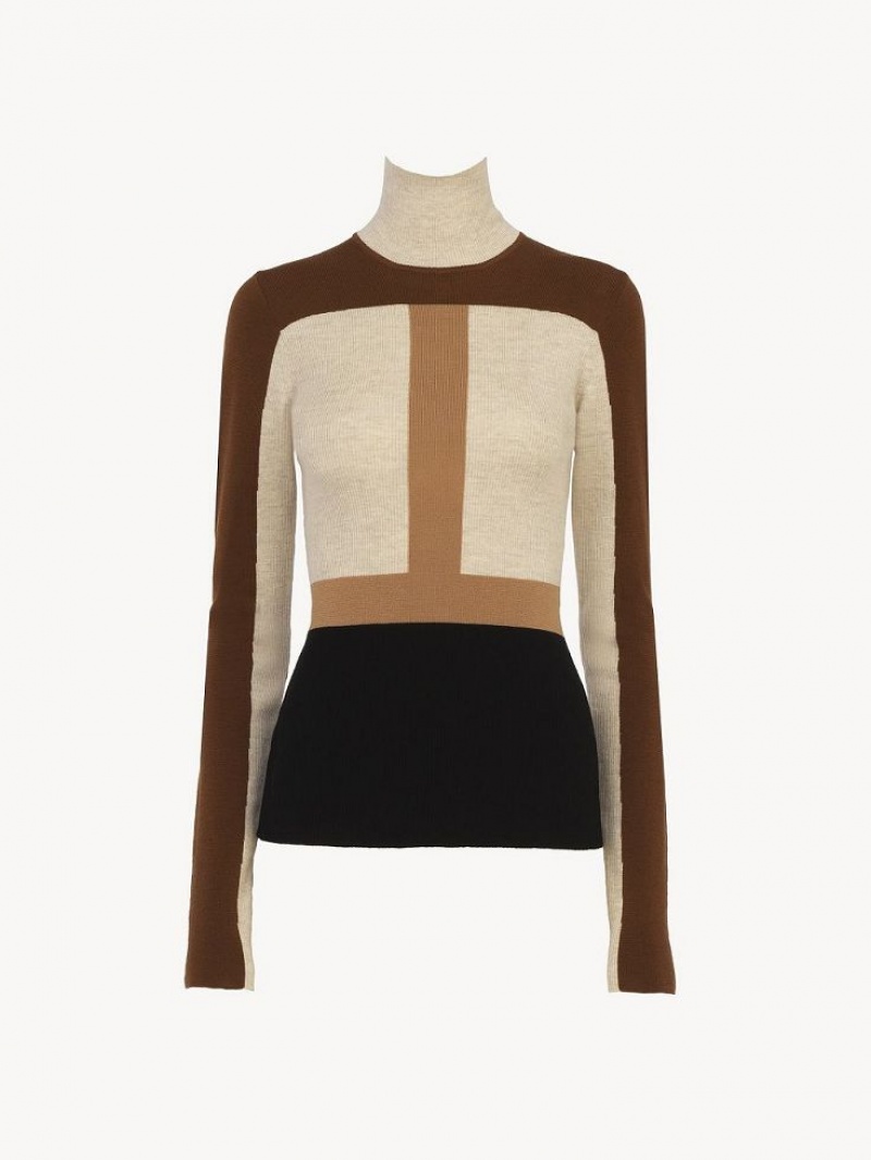 Dzianina Chloe Fitted High-neck Kolorowe Brązowe | CHE-SR13947