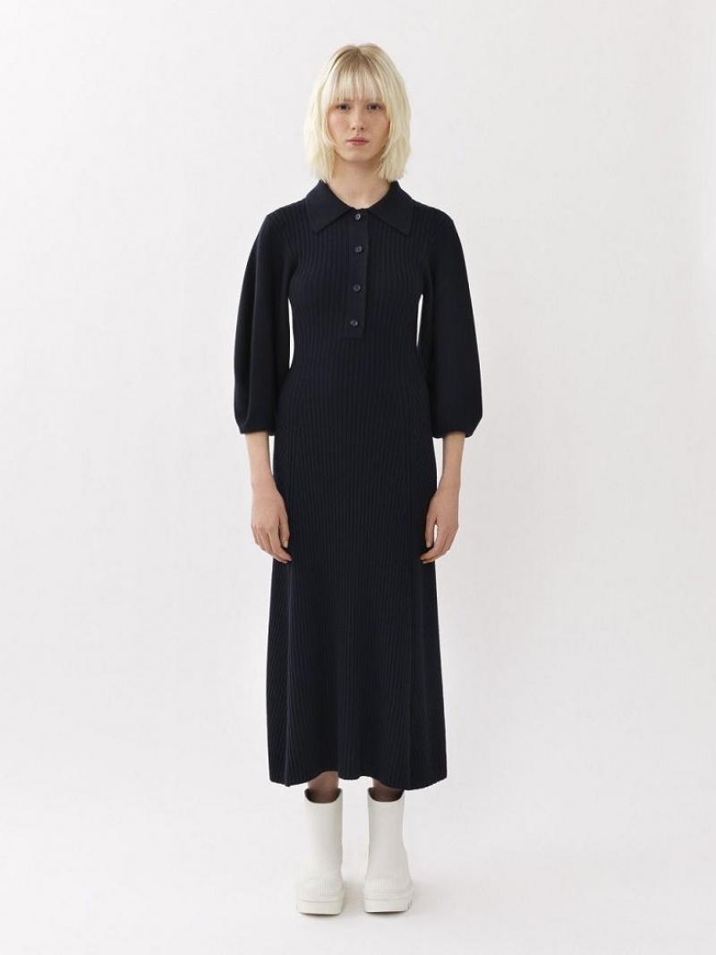Dzianina Chloe Polo Midi Granatowe | CHE-SR13966
