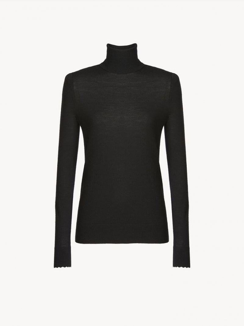 Dzianina Chloe Scalloped High-neck Czarne | CHE-SR13918
