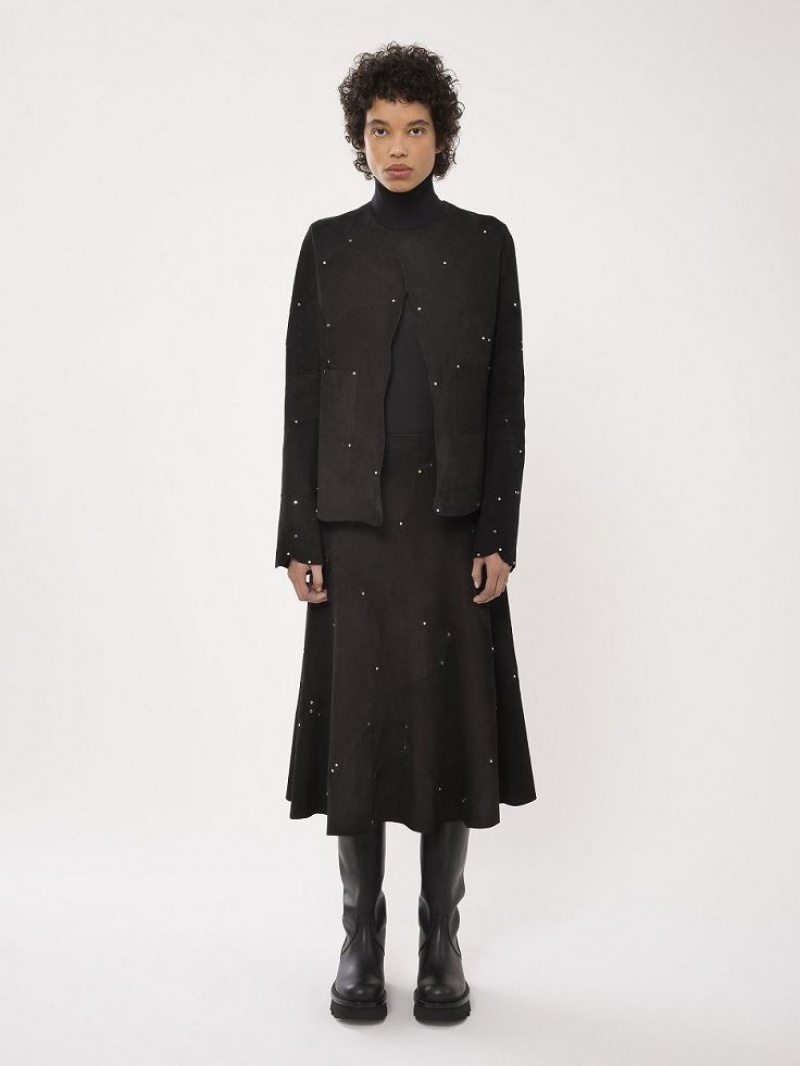 Kurtki Chloe Collarless Fitted Czarne | CHE-SR13778