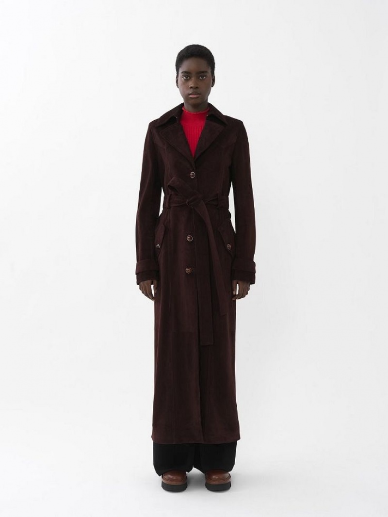 Leather Chloe Long Trench Coat Brązowe | CHE-SR14119