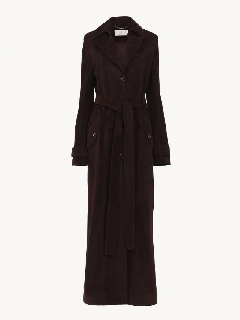 Leather Chloe Long Trench Coat Brązowe | CHE-SR14119