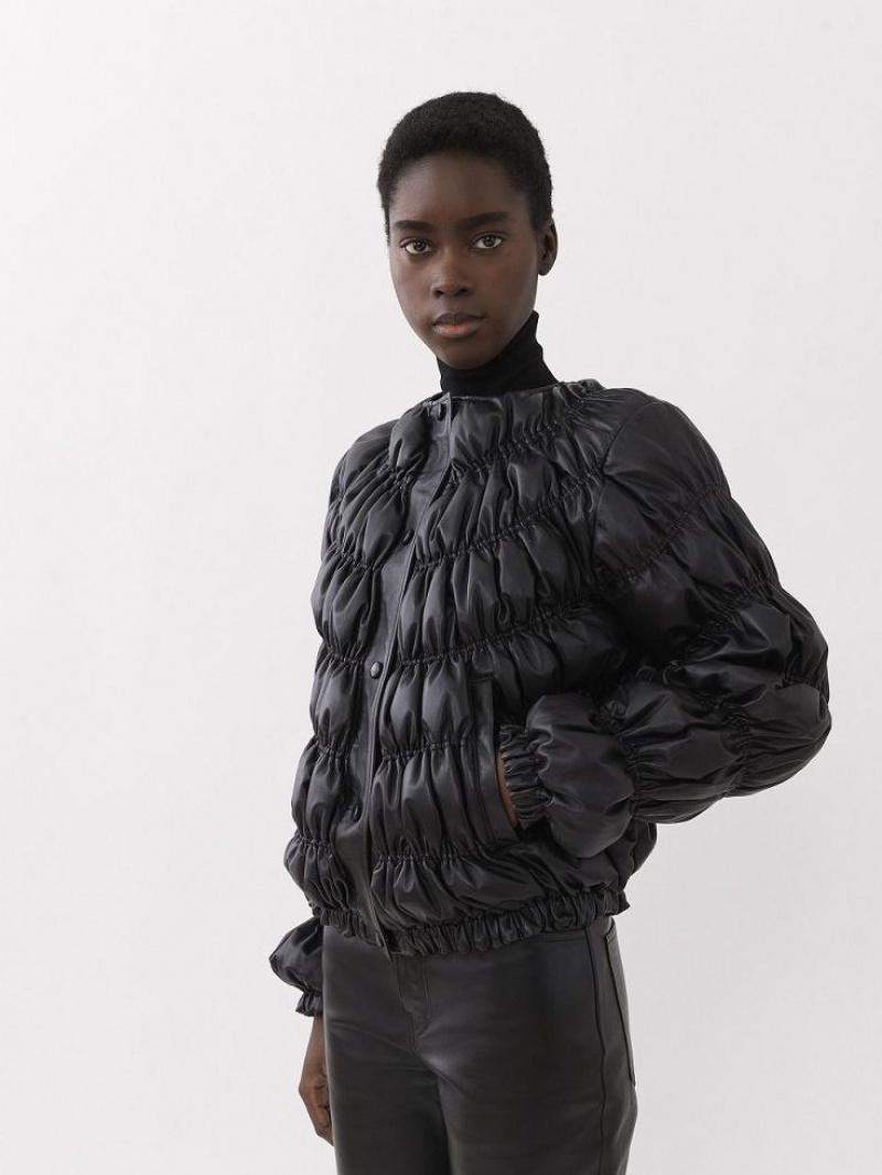 Leather Chloe Ruched Puffer Jacket Czarne | CHE-SR14115