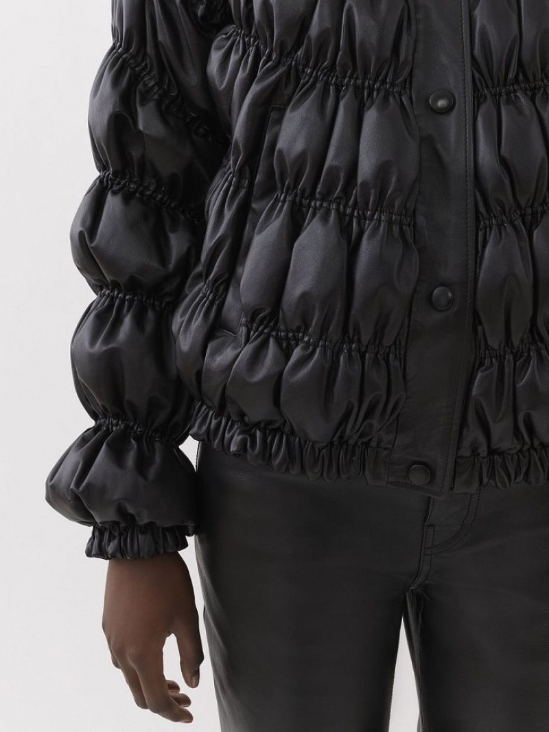 Leather Chloe Ruched Puffer Jacket Czarne | CHE-SR14115