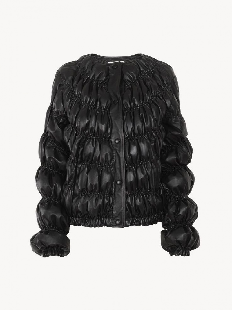 Leather Chloe Ruched Puffer Jacket Czarne | CHE-SR14115