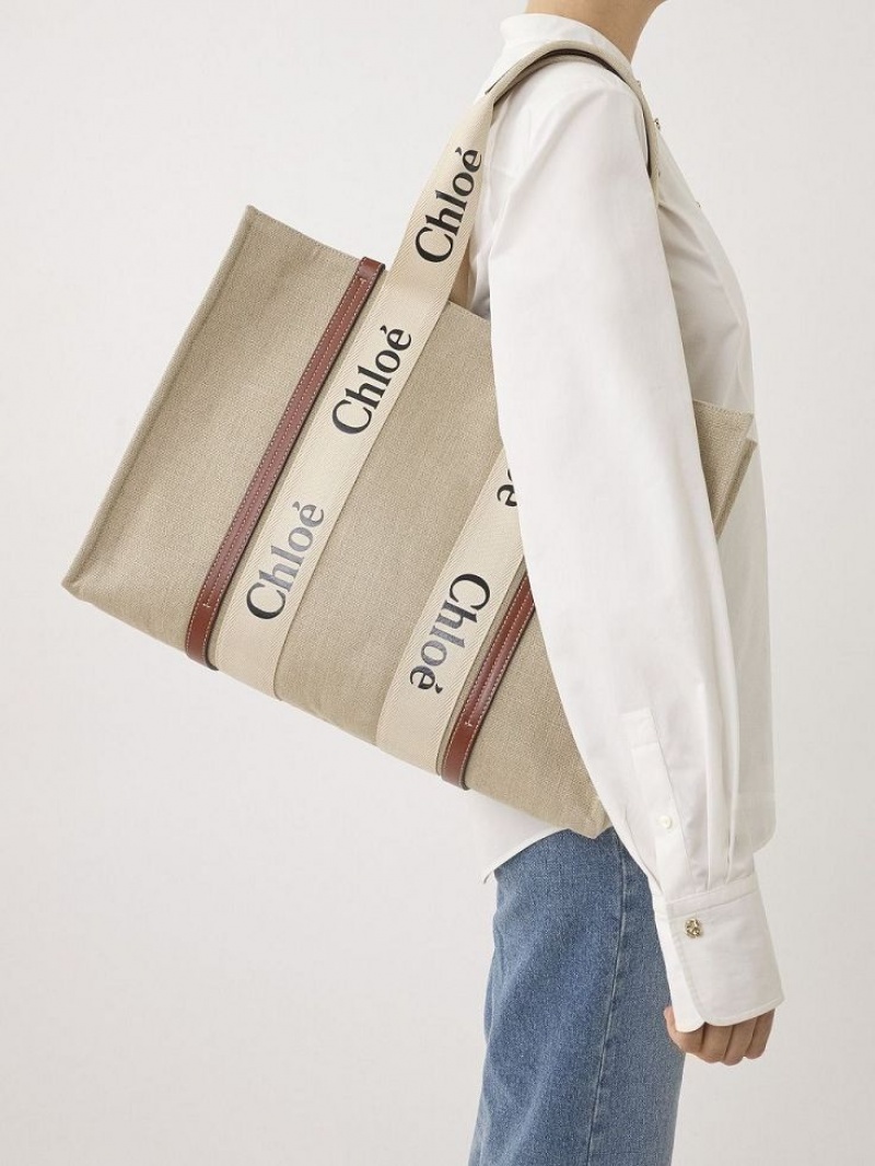 Torby Tote Chloe Large Woody Białe Brązowe | CHE-SR13321